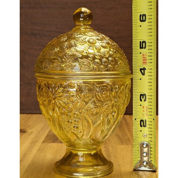 Vtg Avon 60s Glass Candy Trinket Dish Footed Floral Molded Glass Yellow Citron - Picture 5 of 16